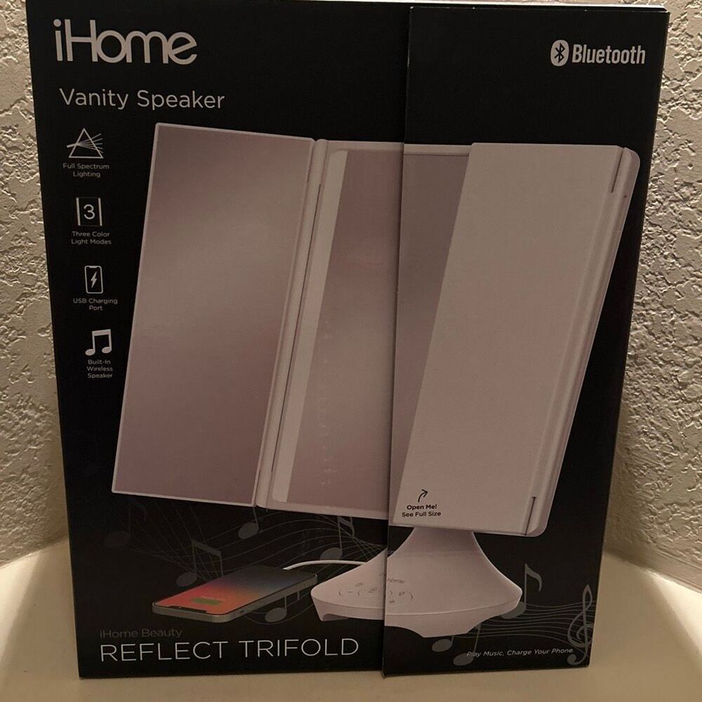 iHome Vanity Mirror With Bluetooth Speaker White Trifold Light Up Makeup New Box